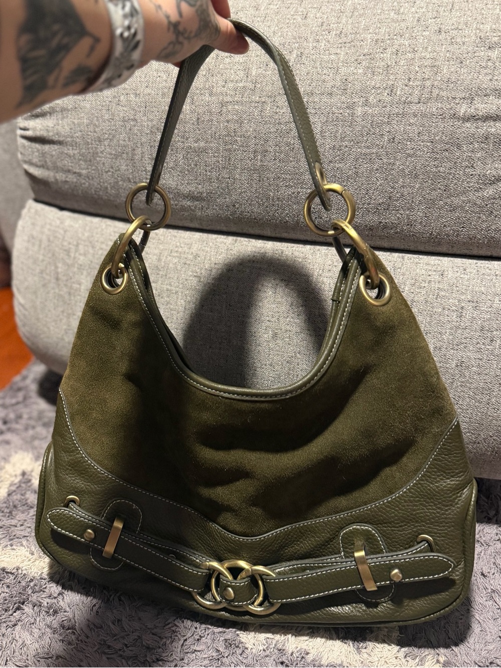 Suede leather shoulder bag Y2K olive green with brass buckle Wilson’s